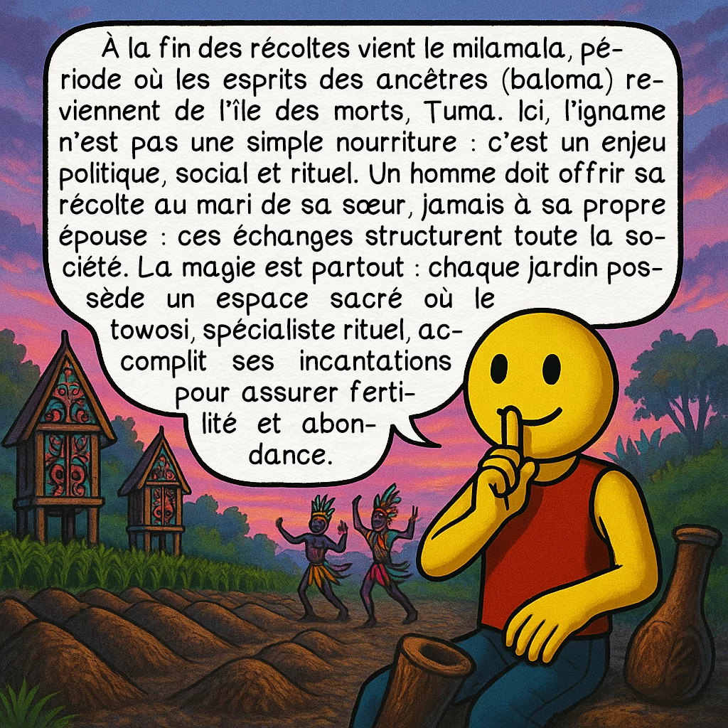 Les îles Trobriand, case 4 : À la fin des récoltes vient le milamala, période où les esprits des ancêtres (baloma) reviennent de l’île des morts, Tuma. Ici, l’igname n’est pas une simple nourriture : c’est un enjeu politique, social et rituel. Un homme doit offrir sa récolte au mari de sa sœur, jamais à sa propre épouse : ces échanges structurent toute la société. La magie est partout : chaque jardin possède un espace sacré où le towosi, spécialiste rituel, accomplit ses incantations pour assurer fertilité et abondance.