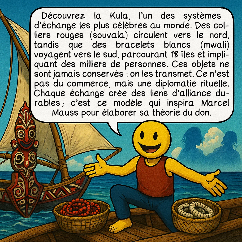 Les îles Trobriand, case 5 : Découvrez la Kula, l’un des systèmes d’échange les plus célèbres au monde. Des colliers rouges (souvala) circulent vers le nord, tandis que des bracelets blancs (mwali) voyagent vers le sud, parcourant 18 îles et impliquant des milliers de personnes. Ces objets ne sont jamais conservés : on les transmet. Ce n’est pas du commerce, mais une diplomatie rituelle. Chaque échange crée des liens d’alliance durables ; c’est ce modèle qui inspira Marcel Mauss pour élaborer sa théorie du don.