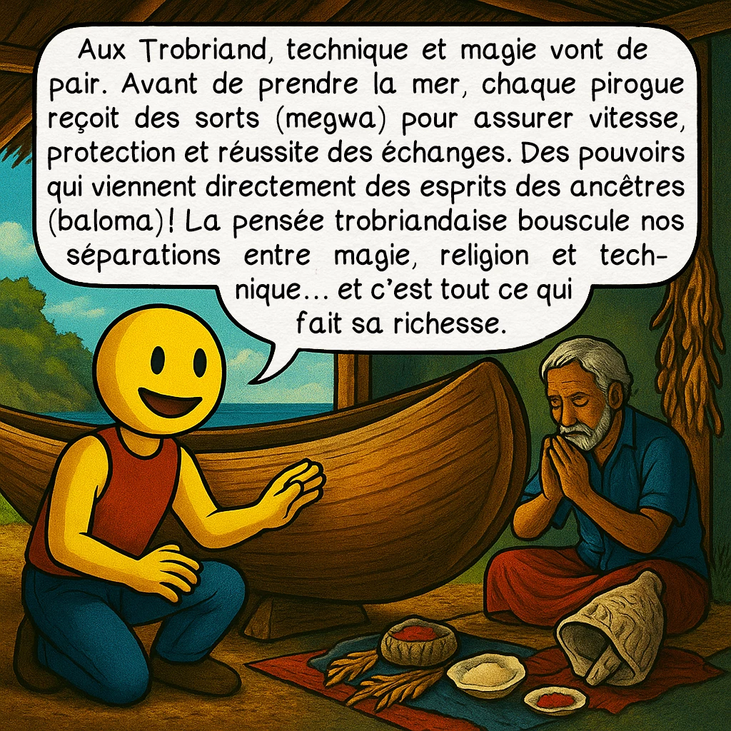 Les îles Trobriand, case 6 : Aux Trobriand, technique et magie vont de pair. Avant de prendre la mer, chaque pirogue reçoit des sorts (megwa) pour assurer vitesse, protection et réussite des échanges. Des pouvoirs qui viennent directement des esprits des ancêtres (baloma) ! La pensée trobriandaise bouscule nos séparations entre magie, religion et technique… et c’est tout ce qui fait sa richesse.