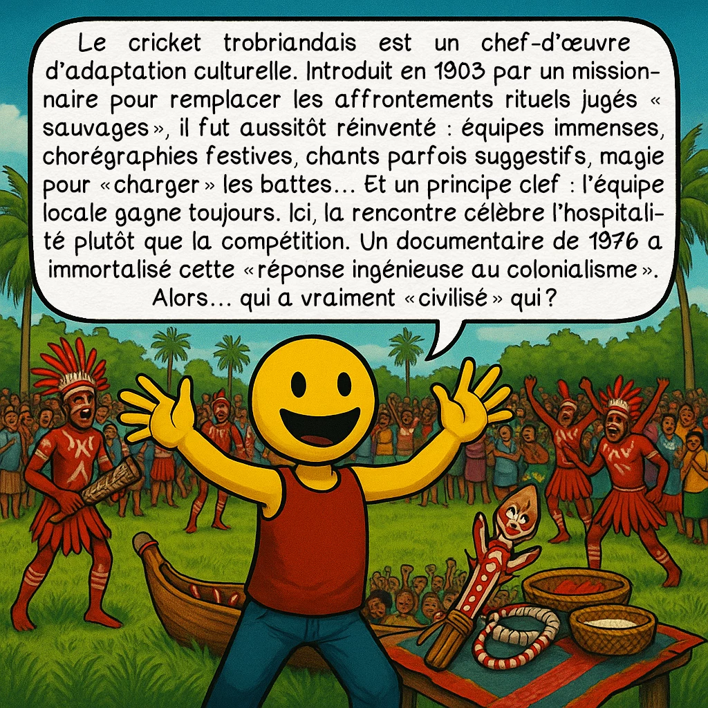 Les îles Trobriand, case 7 : Le cricket trobriandais est un chef-d’œuvre d’adaptation culturelle. Introduit en 1903 par un missionnaire pour remplacer les affrontements rituels jugés « sauvages », il fut aussitôt réinventé : équipes immenses, chorégraphies festives, chants parfois suggestifs, magie pour « charger » les battes… Et un principe clef : l’équipe locale gagne toujours. Ici, la rencontre célèbre l’hospitalité plutôt que la compétition. Un documentaire de 1976 a immortalisé cette « réponse ingénieuse au colonialisme ». Alors… qui a vraiment « civilisé » qui ?