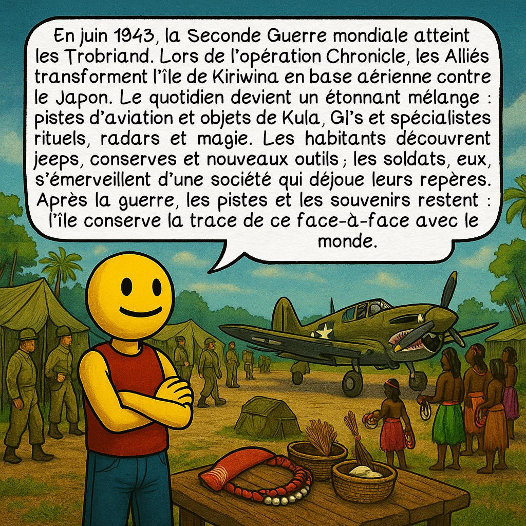 Les îles Trobriand, case 8 : En juin 1943, la Seconde Guerre mondiale atteint les Trobriand. Lors de l’opération Chronicle, les Alliés transforment l’île de Kiriwina en base aérienne contre le Japon. Le quotidien devient un étonnant mélange : pistes d’aviation et objets de Kula, GI’s et spécialistes rituels, radars et magie. Les habitants découvrent jeeps, conserves et nouveaux outils ; les soldats, eux, s’émerveillent d’une société qui déjoue leurs repères. Après la guerre, les pistes et les souvenirs restent : l’île conserve la trace de ce face-à-face avec le monde.