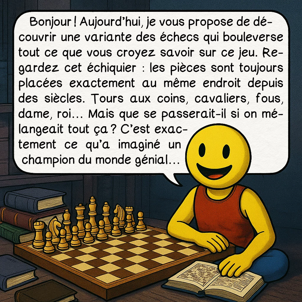 Les échecs 960, case 1 : Bonjour ! Aujourd’hui, je vous propose de découvrir une variante des échecs qui bouleverse tout ce que vous croyez savoir sur ce jeu. Regardez cet échiquier : les pièces sont toujours placées exactement au même endroit depuis des siècles. Tours aux coins, cavaliers, fous, dame, roi… Mais que se passerait-il si on mélangeait tout ça ? C’est exactement ce qu’a imaginé un champion du monde génial…