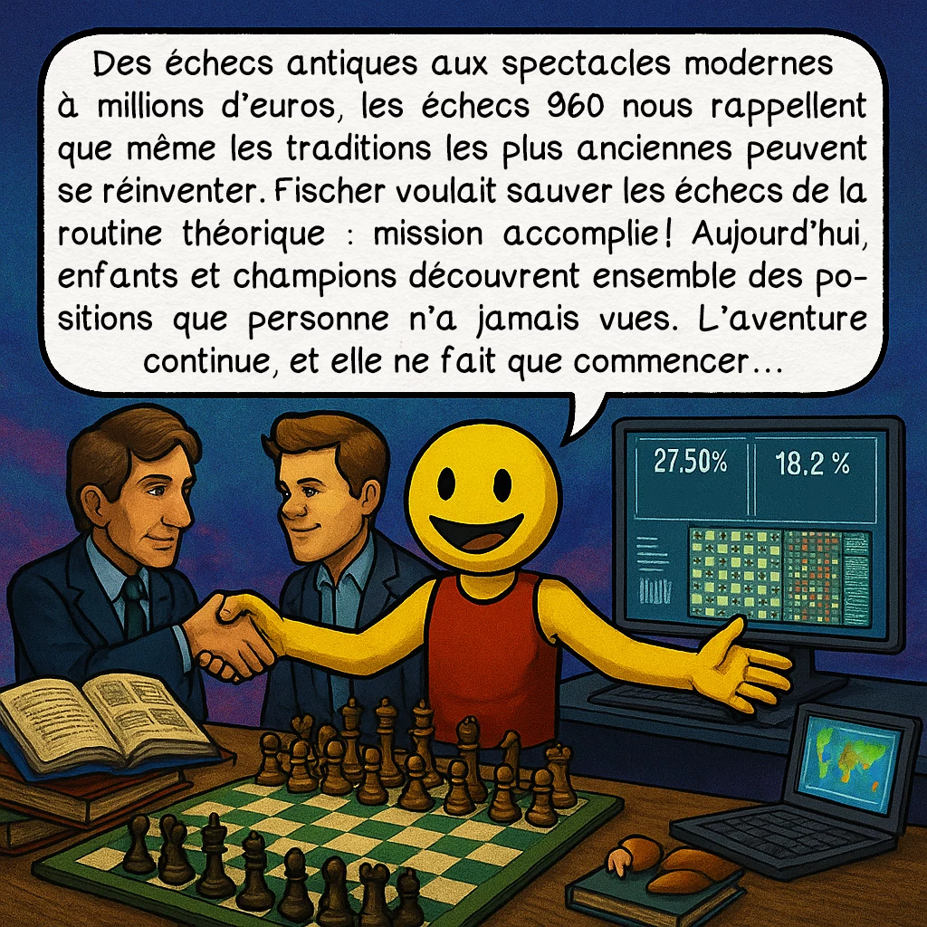 Les échecs 960, case 10 : Des échecs antiques aux spectacles modernes à millions d’euros, les échecs 960 nous rappellent que même les traditions les plus anciennes peuvent se réinventer. Fischer voulait sauver les échecs de la routine théorique : mission accomplie ! Aujourd’hui, enfants et champions découvrent ensemble des positions que personne n’a jamais vues. L’aventure continue, et elle ne fait que commencer…