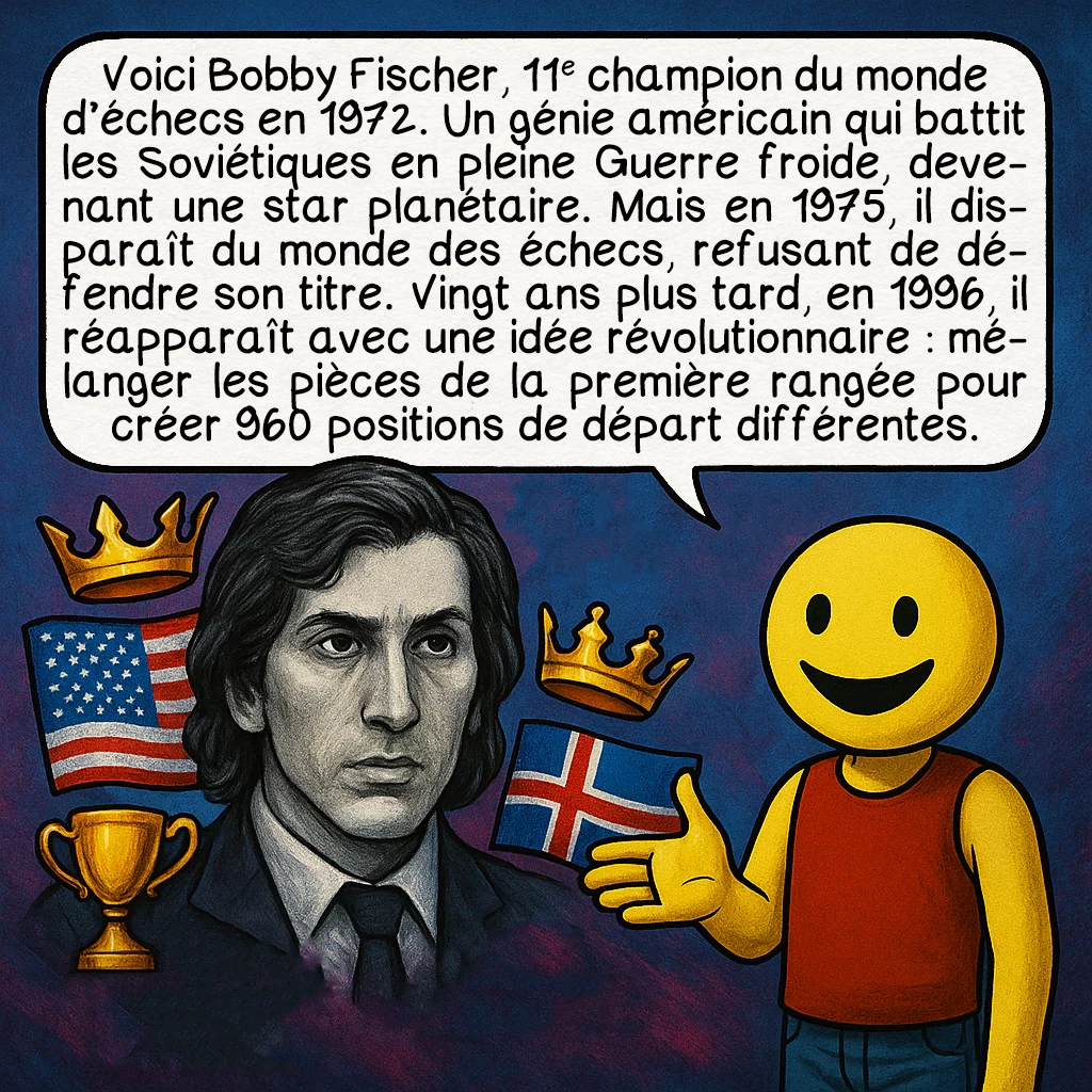 Les échecs 960, case 2 : Voici Bobby Fischer, 11e champion du monde d’échecs en 1972. Un génie américain qui battit les Soviétiques en pleine Guerre froide, devenant une star planétaire. Mais en 1975, il disparaît du monde des échecs, refusant de défendre son titre. Vingt ans plus tard, en 1996, il réapparaît avec une idée révolutionnaire : mélanger les pièces de la première rangée pour créer 960 positions de départ différentes.