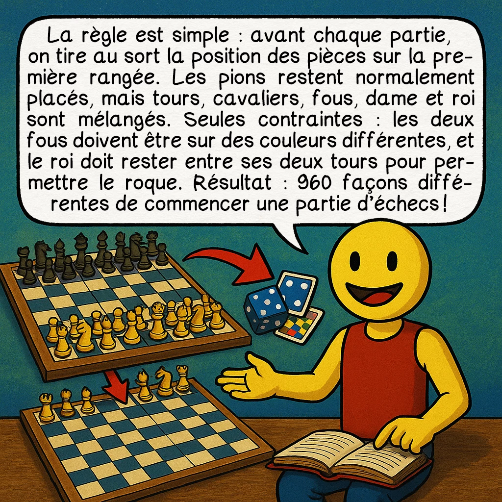 Les échecs 960, case 3 : La règle est simple : avant chaque partie, on tire au sort la position des pièces sur la première rangée. Les pions restent normalement placés, mais tours, cavaliers, fous, dame et roi sont mélangés. Seules contraintes : les deux fous doivent être sur des couleurs différentes, et le roi doit rester entre ses deux tours pour permettre le roque. Résultat : 960 façons différentes de commencer une partie d’échecs !