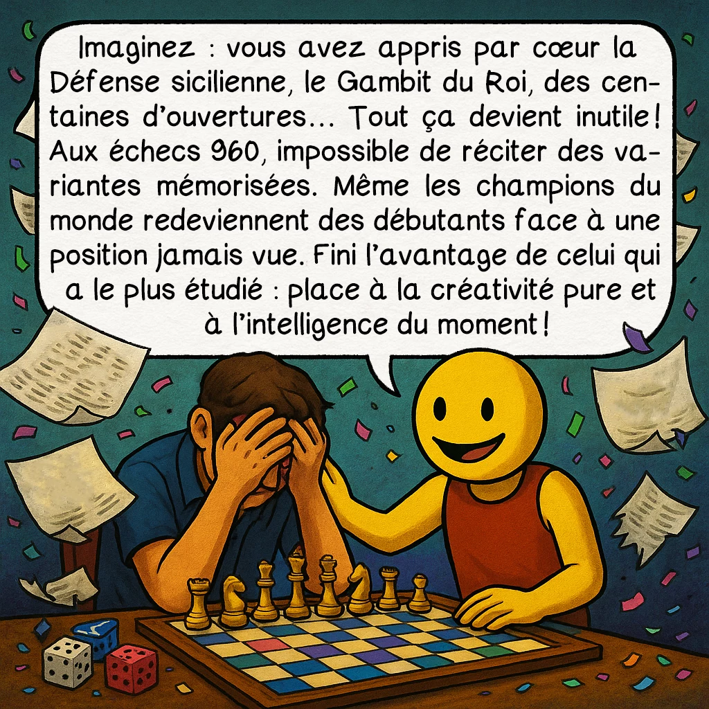 Les échecs 960, case 4 : Imaginez : vous avez appris par cœur la Défense sicilienne, le Gambit du Roi, des centaines d’ouvertures… Tout ça devient inutile ! Aux échecs 960, impossible de réciter des variantes mémorisées. Même les champions du monde redeviennent des débutants face à une position jamais vue. Fini l’avantage de celui qui a le plus étudié : place à la créativité pure et à l’intelligence du moment !