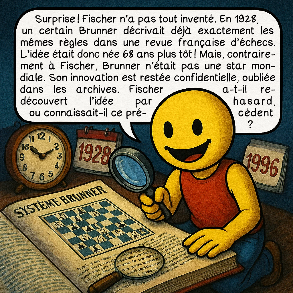 Les échecs 960, case 5 : Surprise ! Fischer n’a pas tout inventé. En 1928, un certain Brunner décrivait déjà exactement les mêmes règles dans une revue française d’échecs. L’idée était donc née 68 ans plus tôt ! Mais, contrairement à Fischer, Brunner n’était pas une star mondiale. Son innovation est restée confidentielle, oubliée dans les archives. Fischer a-t-il redécouvert l’idée par hasard, ou connaissait-il ce précédent ?