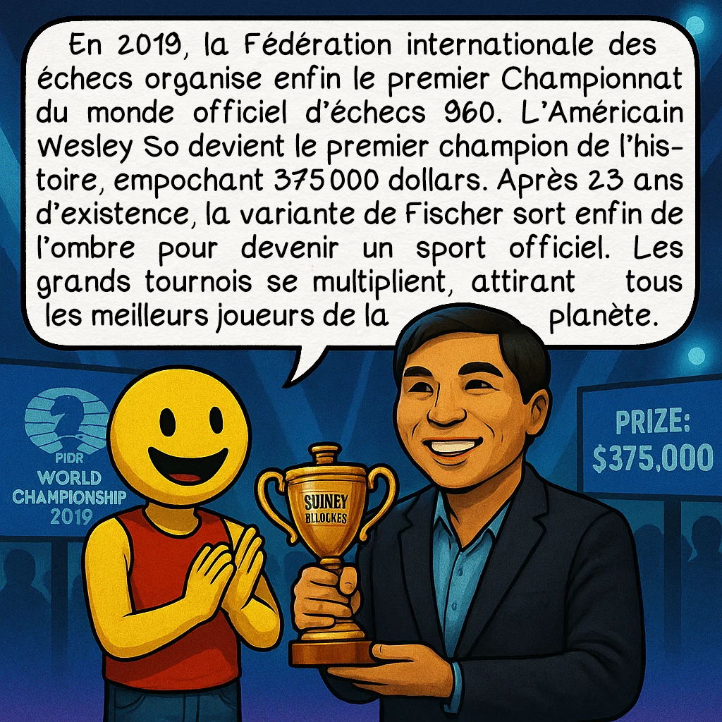 Les échecs 960, case 6 : En 2019, la Fédération internationale des échecs organise enfin le premier Championnat du monde officiel d’échecs 960. L’Américain Wesley So devient le premier champion de l’histoire, empochant 375 000 dollars. Après 23 ans d’existence, la variante de Fischer sort enfin de l’ombre pour devenir un sport officiel. Les grands tournois se multiplient, attirant tous les meilleurs joueurs de la planète.