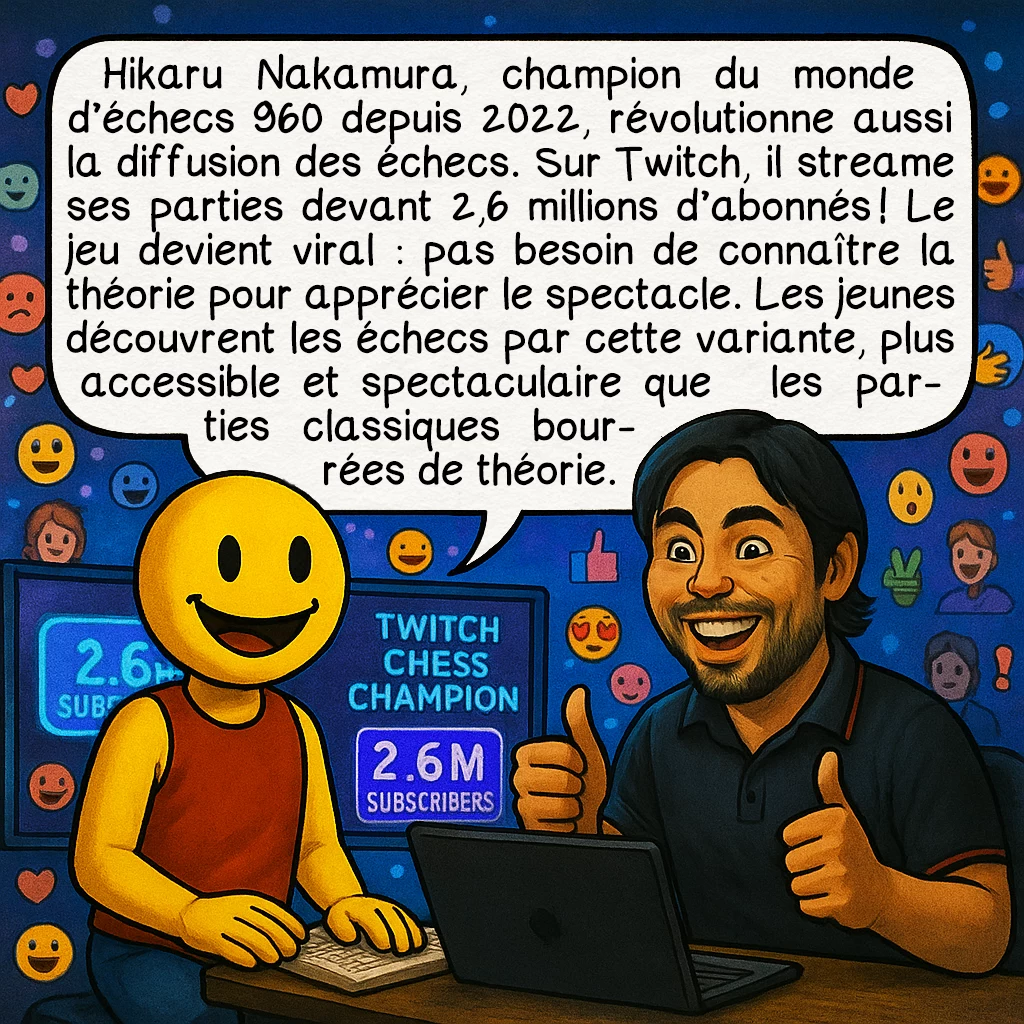 Les échecs 960, case 7 : Hikaru Nakamura, champion du monde d’échecs 960 depuis 2022, révolutionne aussi la diffusion des échecs. Sur Twitch, il streame ses parties devant 2,6 millions d’abonnés ! Le jeu devient viral : pas besoin de connaître la théorie pour apprécier le spectacle. Les jeunes découvrent les échecs par cette variante, plus accessible et spectaculaire que les parties classiques bourrées de théorie.