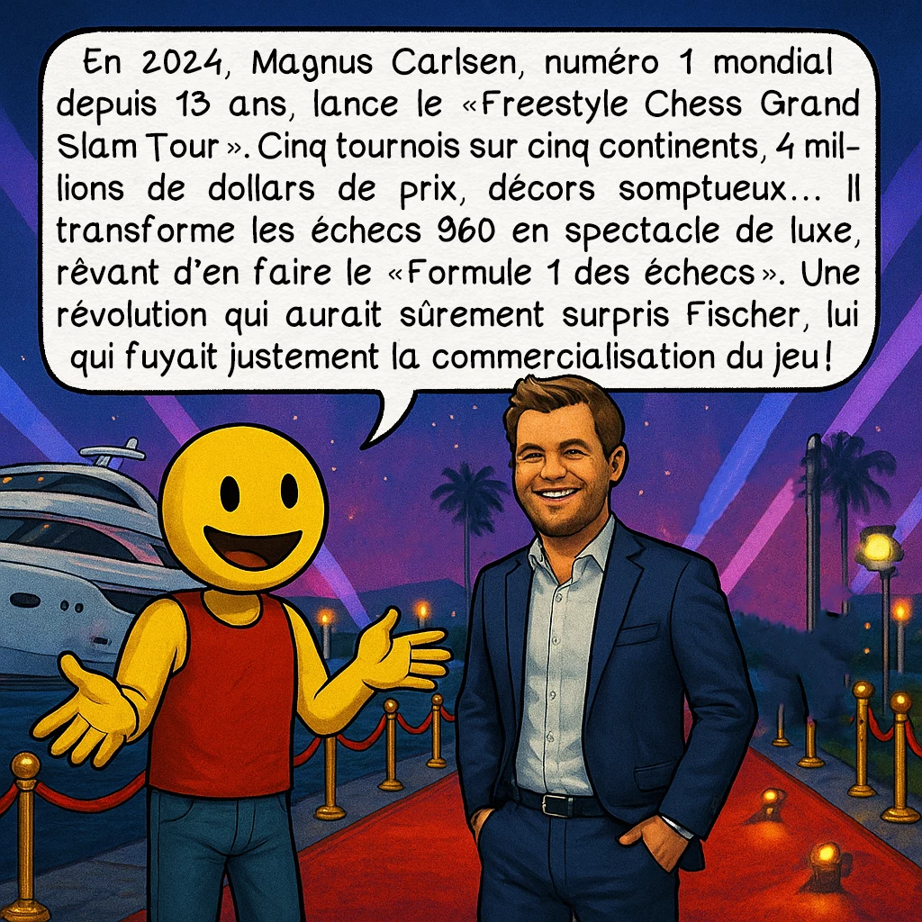 Les échecs 960, case 8 : En 2024, Magnus Carlsen, numéro 1 mondial depuis 13 ans, lance le « Freestyle Chess Grand Slam Tour ». Cinq tournois sur cinq continents, 4 millions de dollars de prix, décors somptueux… Il transforme les échecs 960 en spectacle de luxe, rêvant d’en faire le « Formule 1 des échecs ». Une révolution qui aurait sûrement surpris Fischer, lui qui fuyait justement la commercialisation du jeu !