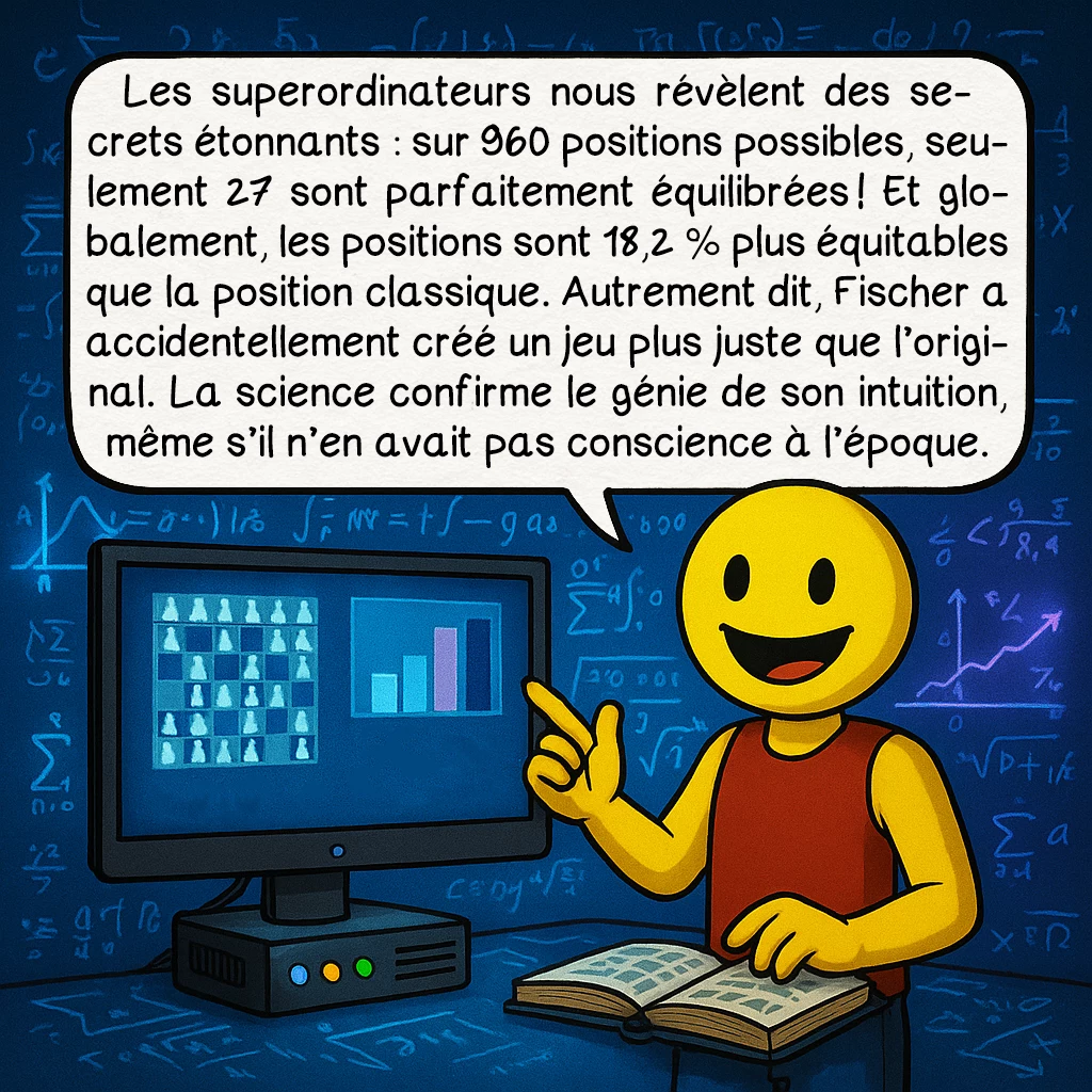 Les échecs 960, case 9 : Les superordinateurs nous révèlent des secrets étonnants : sur 960 positions possibles, seulement 27 sont parfaitement équilibrées ! Et globalement, les positions sont 18,2 % plus équitables que la position classique. Autrement dit, Fischer a accidentellement créé un jeu plus juste que l’original. La science confirme le génie de son intuition, même s’il n’en avait pas conscience à l’époque.