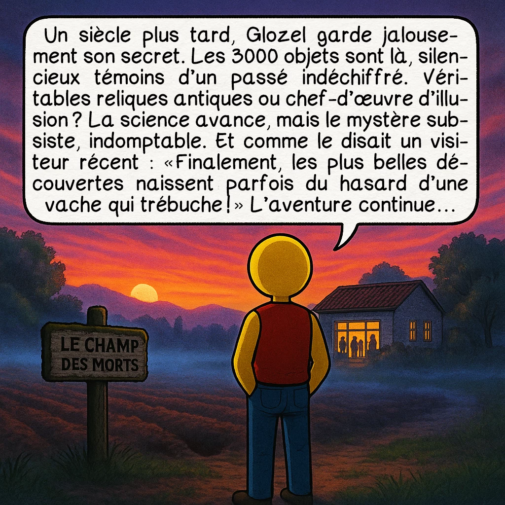 Glozel, case 10 : Un siècle plus tard, Glozel garde jalousement son secret. Les 3000 objets sont là, silencieux témoins d’un passé indéchiffré. Véritables reliques antiques ou chef-d’œuvre d’illusion ? La science avance, mais le mystère subsiste, indomptable. Et comme le disait un visiteur récent : « Finalement, les plus belles découvertes naissent parfois du hasard d’une vache qui trébuche ! » L’aventure continue…