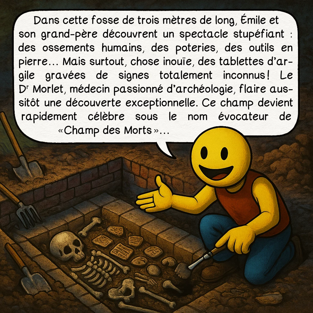 Glozel, case 2 : Dans cette fosse de trois mètres de long, Émile et son grand-père découvrent un spectacle stupéfiant : des ossements humains, des poteries, des outils en pierre… Mais surtout, chose inouïe, des tablettes d’argile gravées de signes totalement inconnus ! Le Dr Morlet, médecin passionné d’archéologie, flaire aussitôt une découverte exceptionnelle. Ce champ devient rapidement célèbre sous le nom évocateur de « Champ des Morts »…