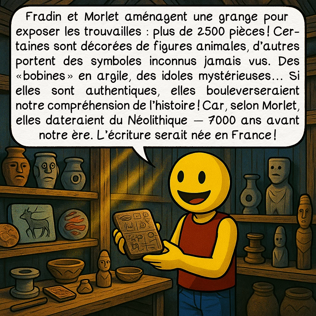 Glozel, case 3 : Fradin et Morlet aménagent une grange pour exposer les trouvailles : plus de 2500 pièces ! Certaines sont décorées de figures animales, d’autres portent des symboles inconnus jamais vus. Des « bobines » en argile, des idoles mystérieuses… Si elles sont authentiques, elles bouleverseraient notre compréhension de l’histoire ! Car, selon Morlet, elles dateraient du Néolithique — 7000 ans avant notre ère. L’écriture serait née en France !