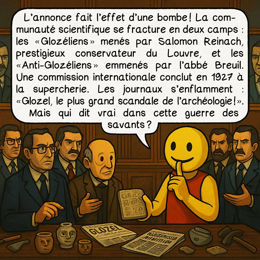 Glozel, case 4 : L’annonce fait l’effet d’une bombe ! La communauté scientifique se fracture en deux camps : les « Glozéliens » menés par Salomon Reinach, prestigieux conservateur du Louvre, et les « Anti-Glozéliens » emmenés par l’abbé Breuil. Une commission internationale conclut en 1927 à la supercherie. Les journaux s’enflamment : « Glozel, le plus grand scandale de l’archéologie ! » Mais qui dit vrai dans cette guerre des savants ?