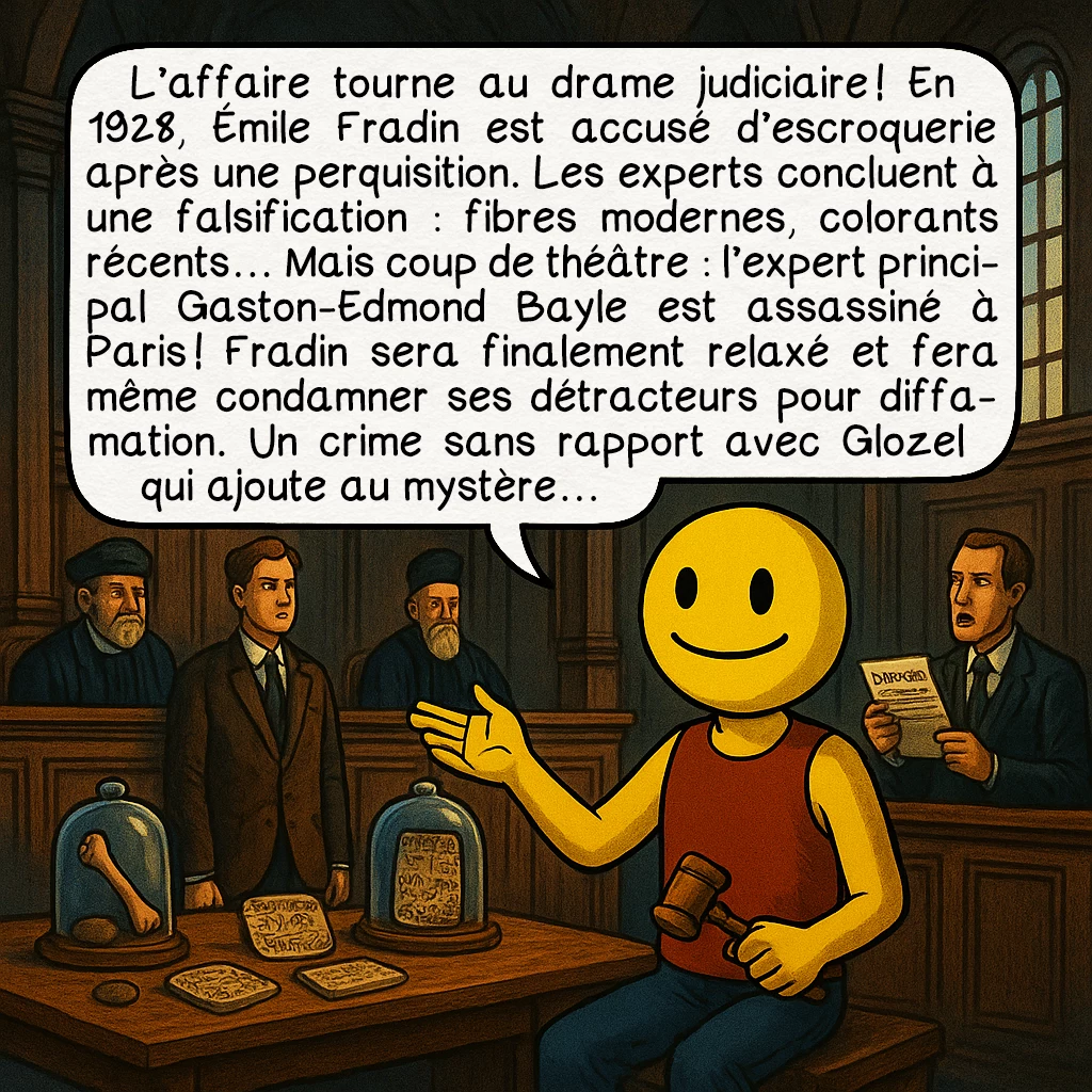 Glozel, case 5 : L’affaire tourne au drame judiciaire ! En 1928, Émile Fradin est accusé d’escroquerie après une perquisition. Les experts concluent à une falsification : fibres modernes, colorants récents… Mais coup de théâtre : l’expert principal Gaston-Edmond Bayle est assassiné à Paris ! Fradin sera finalement relaxé et fera même condamner ses détracteurs pour diffamation. Un crime sans rapport avec Glozel qui ajoute au mystère…