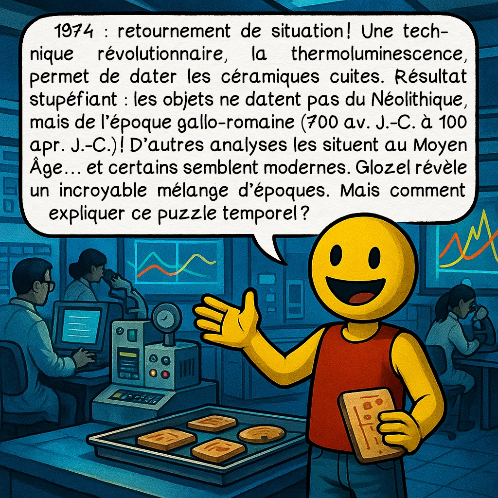 Glozel, case 6 : 1974 : retournement de situation ! Une technique révolutionnaire, la thermoluminescence, permet de dater les céramiques cuites. Résultat stupéfiant : les objets ne datent pas du Néolithique, mais de l’époque gallo-romaine (700 av. J.-C. à 100 apr. J.-C.) ! D’autres analyses les situent au Moyen Âge… et certains semblent modernes. Glozel révèle un incroyable mélange d’époques. Mais comment expliquer ce puzzle temporel ?
