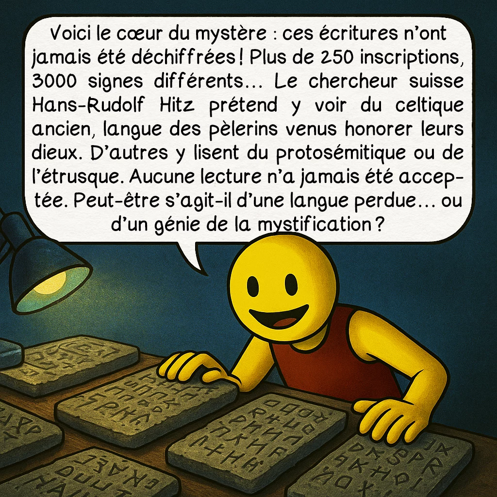 Glozel, case 7 : Voici le cœur du mystère : ces écritures n’ont jamais été déchiffrées ! Plus de 250 inscriptions, 3000 signes différents… Le chercheur suisse Hans-Rudolf Hitz prétend y voir du celtique ancien, langue des pèlerins venus honorer leurs dieux. D’autres y lisent du protosémitique ou de l’étrusque. Aucune lecture n’a jamais été acceptée. Peut-être s’agit-il d’une langue perdue… ou d’un génie de la mystification ?