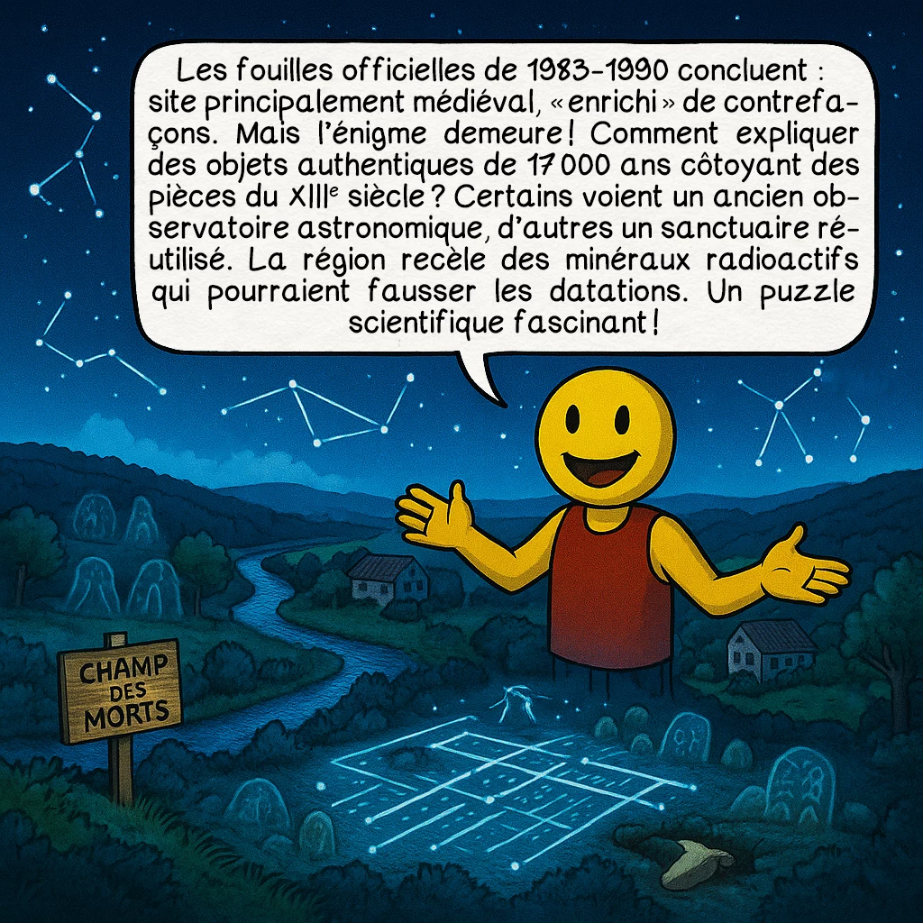 Glozel, case 8 : Les fouilles officielles de 1983-1990 concluent : site principalement médiéval, « enrichi » de contrefaçons. Mais l’énigme demeure ! Comment expliquer des objets authentiques de 17 000 ans côtoyant des pièces du XIIIe siècle ? Certains voient un ancien observatoire astronomique, d’autres un sanctuaire réutilisé. La région recèle des minéraux radioactifs qui pourraient fausser les datations. Un puzzle scientifique fascinant !