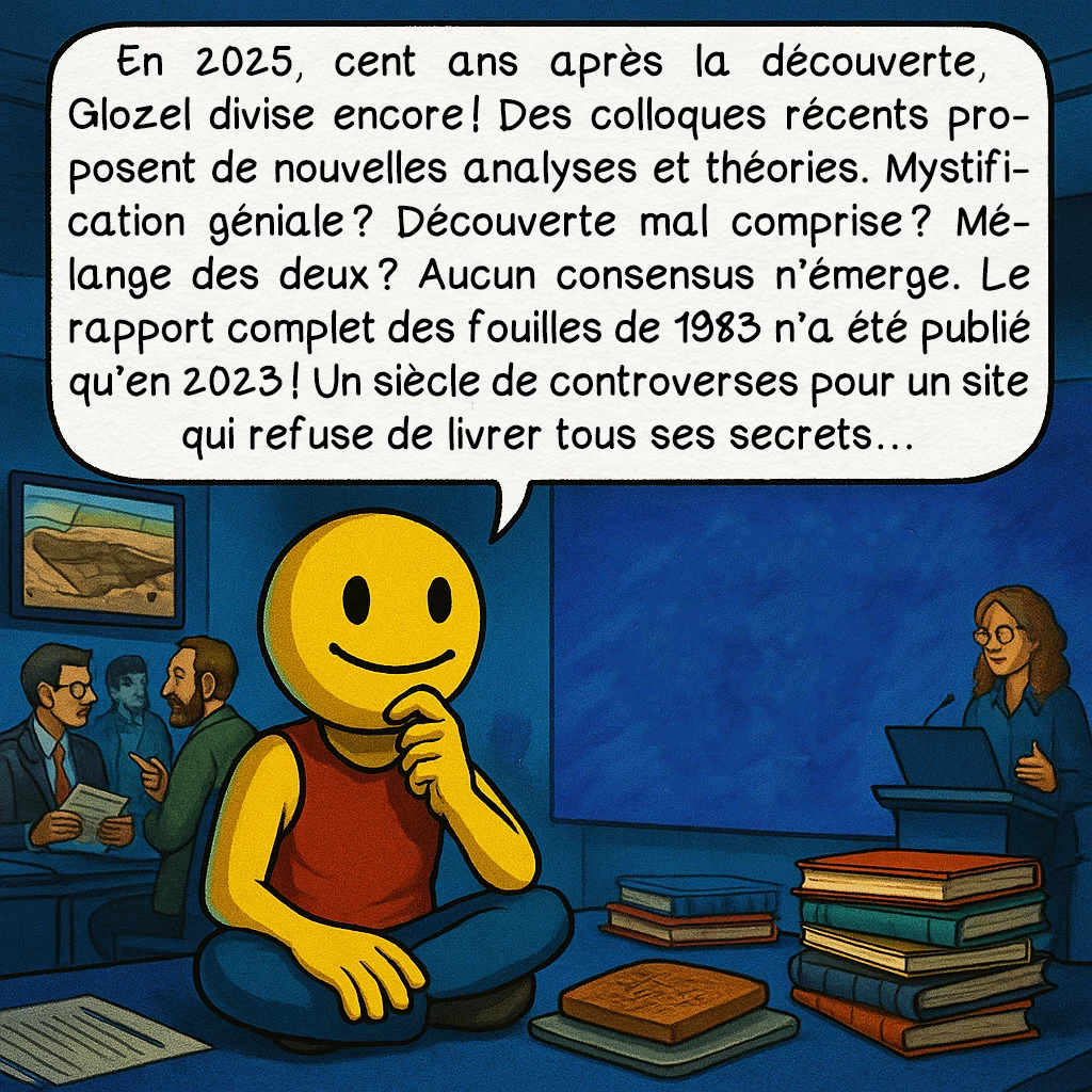 Glozel, case 9 : En 2025, cent ans après la découverte, Glozel divise encore ! Des colloques récents proposent de nouvelles analyses et théories. Mystification géniale ? Découverte mal comprise ? Mélange des deux ? Aucun consensus n’émerge. Le rapport complet des fouilles de 1983 n’a été publié qu’en 2023 ! Un siècle de controverses pour un site qui refuse de livrer tous ses secrets…