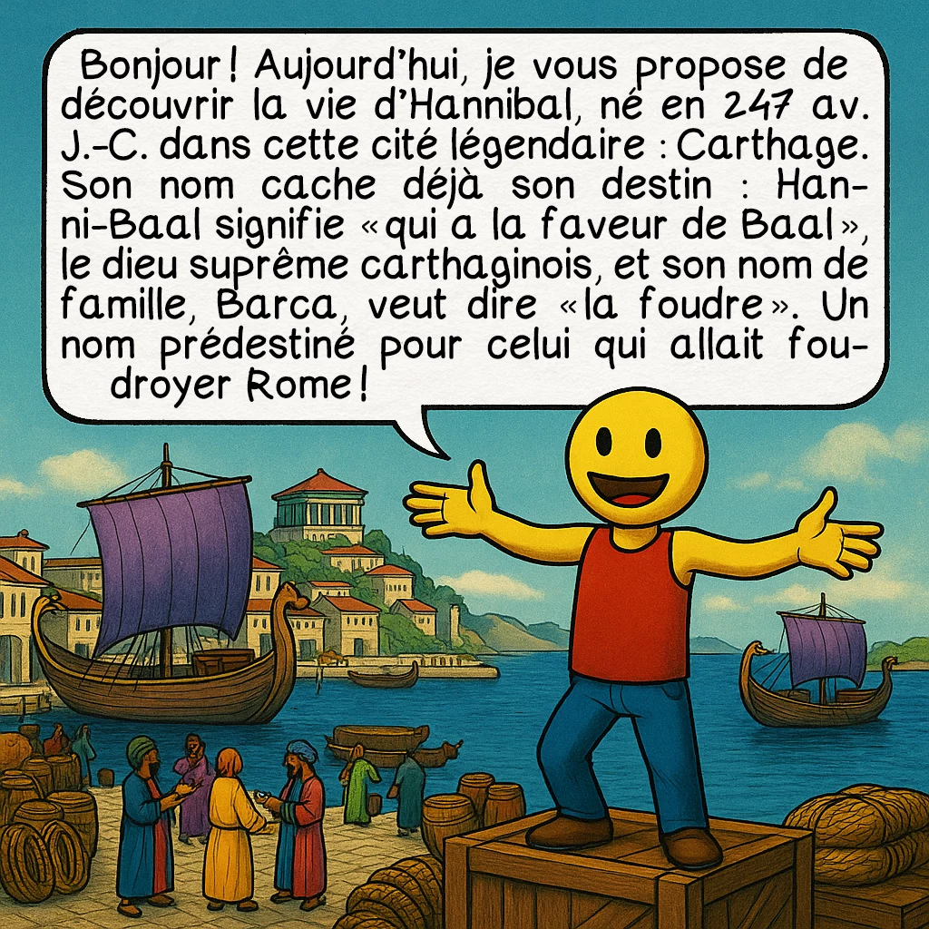 Hannibal, case 1 : Bonjour ! Aujourd’hui, je vous propose de découvrir la vie d’Hannibal, né en 247 av. J.-C. dans cette cité légendaire : Carthage. Son nom cache déjà son destin : Hanni-Baal signifie « qui a la faveur de Baal », le dieu suprême carthaginois, et son nom de famille, Barca, veut dire « la foudre ». Un nom prédestiné pour celui qui allait foudroyer Rome !