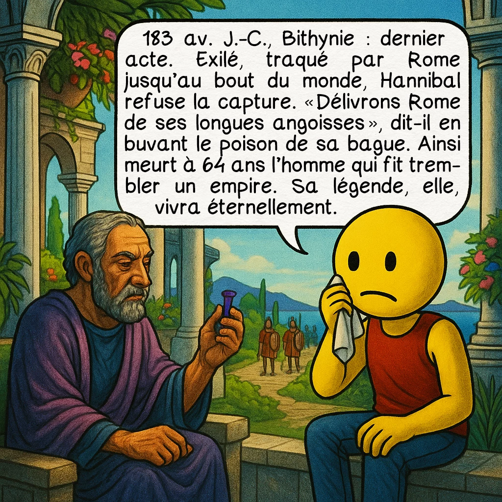 Hannibal, case 10 : 183 av. J.-C., Bithynie : dernier acte. Exilé, traqué par Rome jusqu’au bout du monde, Hannibal refuse la capture. « Délivrons Rome de ses longues angoisses », dit-il en buvant le poison de sa bague. Ainsi meurt à 64 ans l’homme qui fit trembler un empire. Sa légende, elle, vivra éternellement.