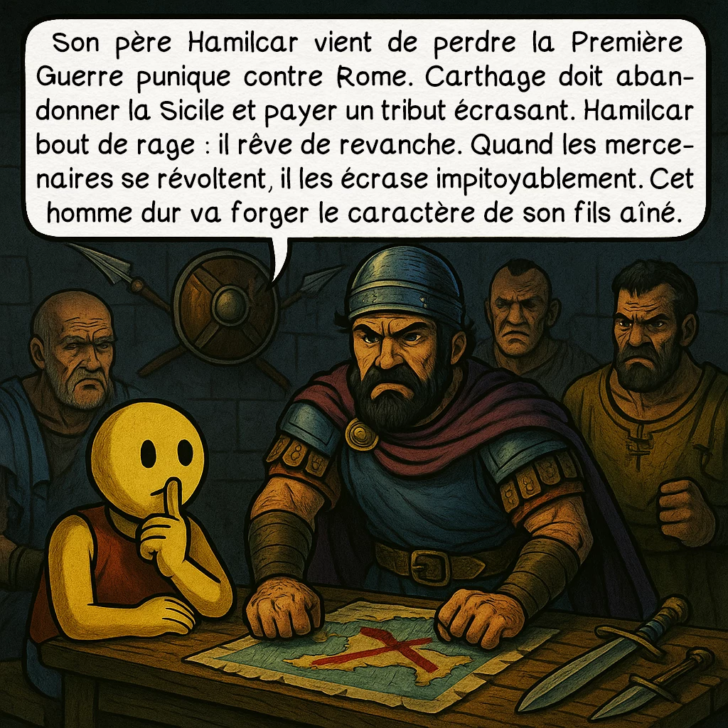 Hannibal, case 2 : Son père Hamilcar vient de perdre la Première Guerre punique contre Rome. Carthage doit abandonner la Sicile et payer un tribut écrasant. Hamilcar bout de rage : il rêve de revanche. Quand les mercenaires se révoltent, il les écrase impitoyablement. Cet homme dur va forger le caractère de son fils aîné.
