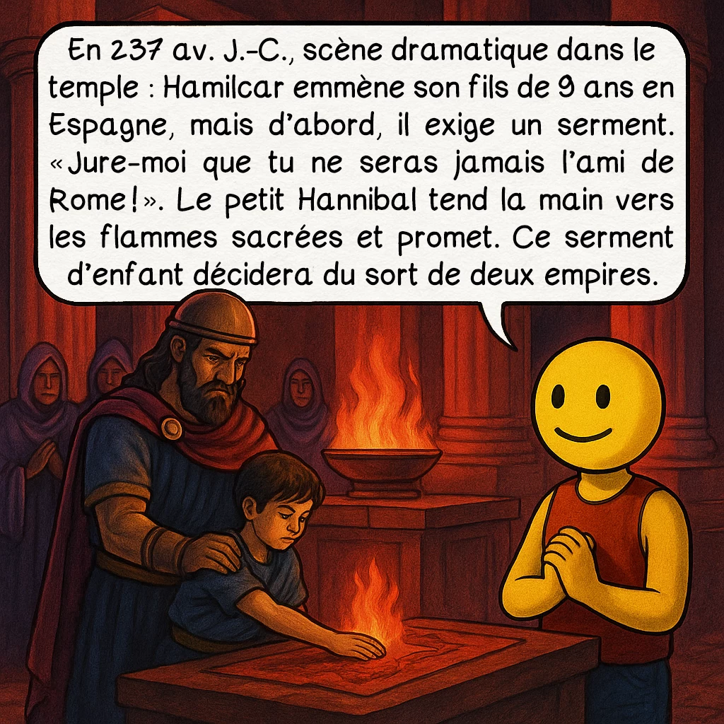 Hannibal, case 3 : En 237 av. J.-C., scène dramatique dans le temple : Hamilcar emmène son fils de 9 ans en Espagne, mais d’abord, il exige un serment. « Jure-moi que tu ne seras jamais l’ami de Rome ! ». Le petit Hannibal tend la main vers les flammes sacrées et promet. Ce serment d’enfant décidera du sort de deux empires.