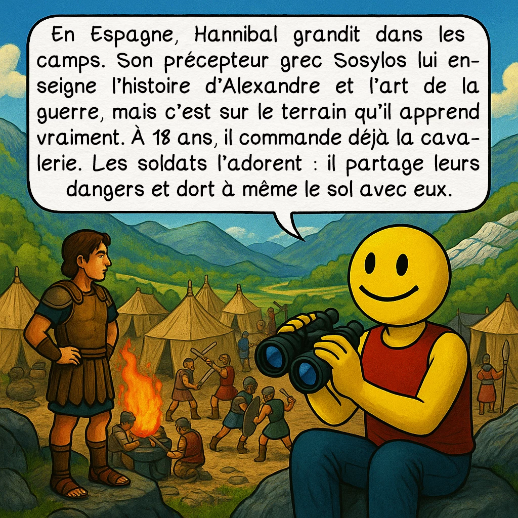 Hannibal, case 4 : En Espagne, Hannibal grandit dans les camps. Son précepteur grec Sosylos lui enseigne l’histoire d’Alexandre et l’art de la guerre, mais c’est sur le terrain qu’il apprend vraiment. À 18 ans, il commande déjà la cavalerie. Les soldats l’adorent : il partage leurs dangers et dort à même le sol avec eux.