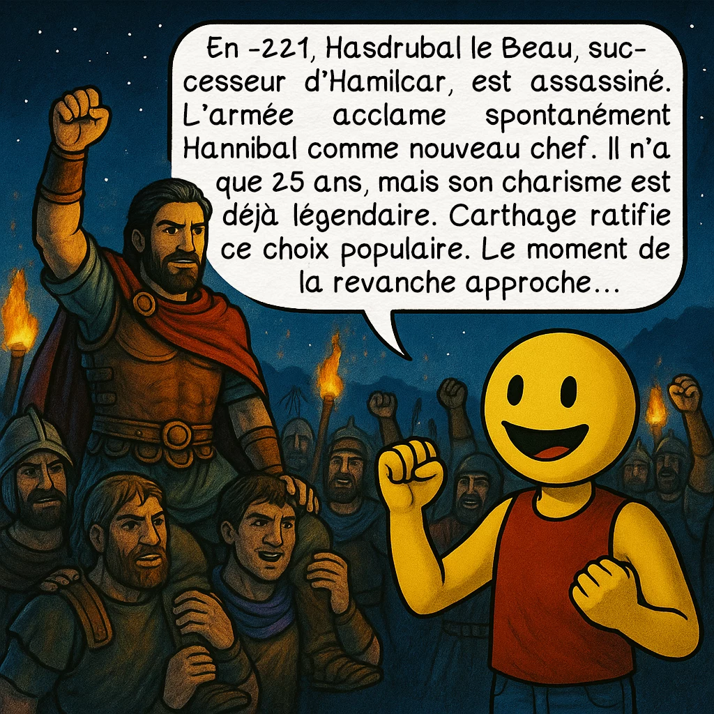 Hannibal, case 5 : En -221, Hasdrubal le Beau, successeur d’Hamilcar, est assassiné. L’armée acclame spontanément Hannibal comme nouveau chef. Il n’a que 25 ans, mais son charisme est déjà légendaire. Carthage ratifie ce choix populaire. Le moment de la revanche approche…