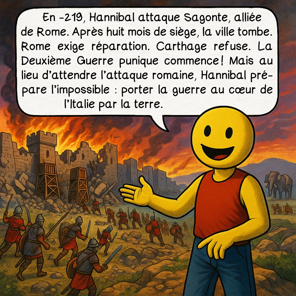 Hannibal, case 6 : En -219, Hannibal attaque Sagonte, alliée de Rome. Après huit mois de siège, la ville tombe. Rome exige réparation. Carthage refuse. La Deuxième Guerre punique commence ! Mais au lieu d’attendre l’attaque romaine, Hannibal prépare l’impossible : porter la guerre au cœur de l’Italie par la terre.