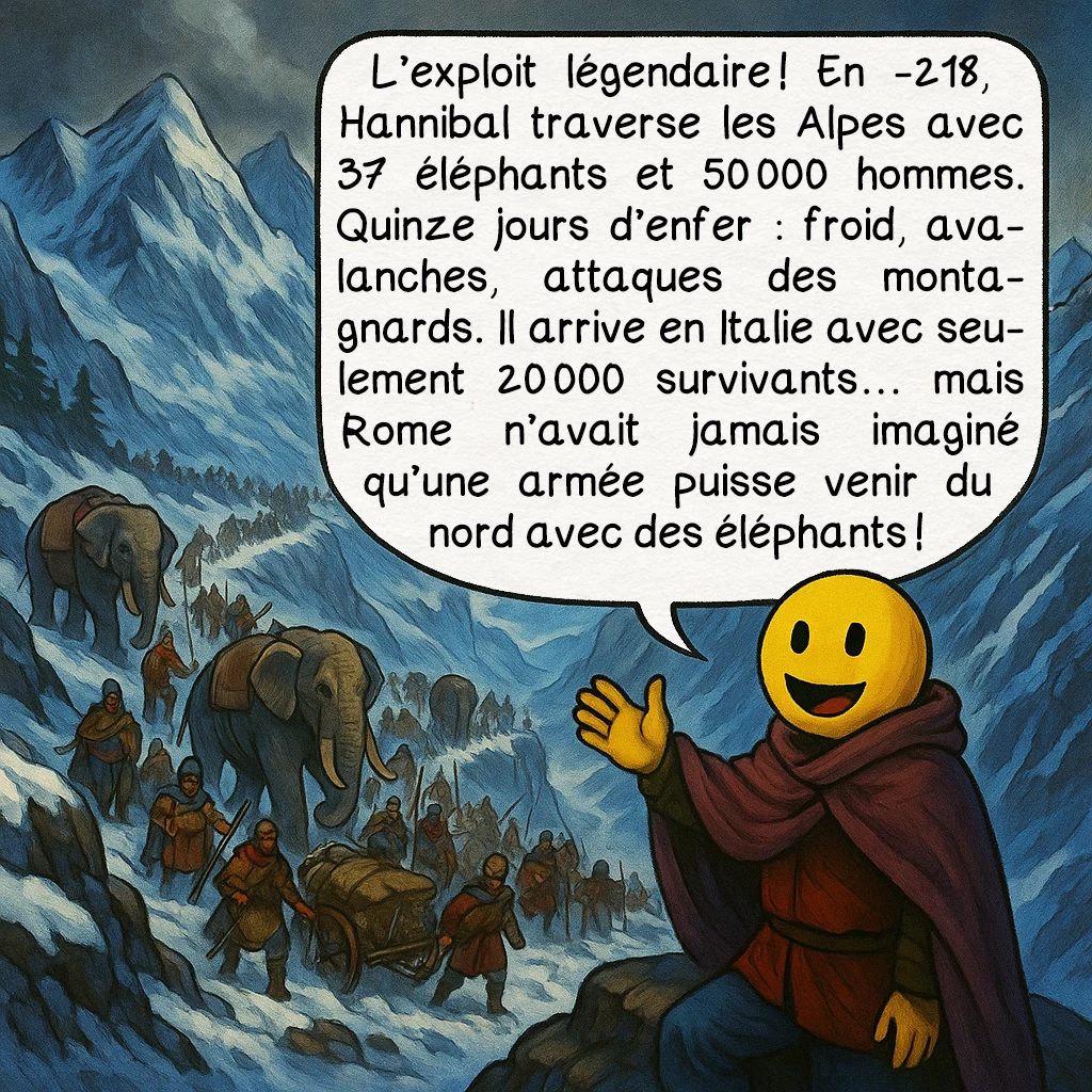 Hannibal, case 7 : L’exploit légendaire ! En -218, Hannibal traverse les Alpes avec 37 éléphants et 50 000 hommes. Quinze jours d’enfer : froid, avalanches, attaques des montagnards. Il arrive en Italie avec seulement 20 000 survivants… mais Rome n’avait jamais imaginé qu’une armée puisse venir du nord avec des éléphants !