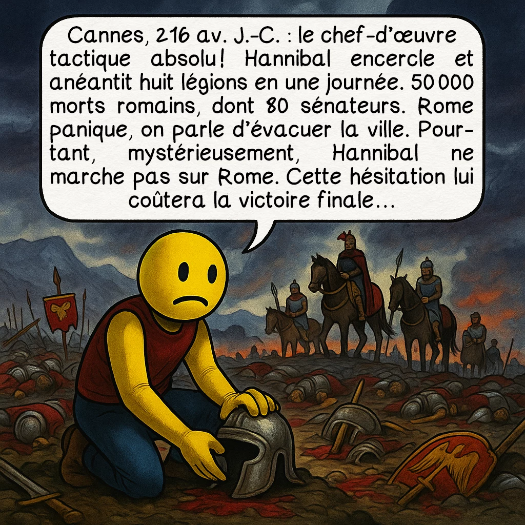 Hannibal, case 8 : Cannes, 216 av. J.-C. : le chef-d’œuvre tactique absolu ! Hannibal encercle et anéantit huit légions en une journée. 50 000 morts romains, dont 80 sénateurs. Rome panique, on parle d’évacuer la ville. Pourtant, mystérieusement, Hannibal ne marche pas sur Rome. Cette hésitation lui coûtera la victoire finale…