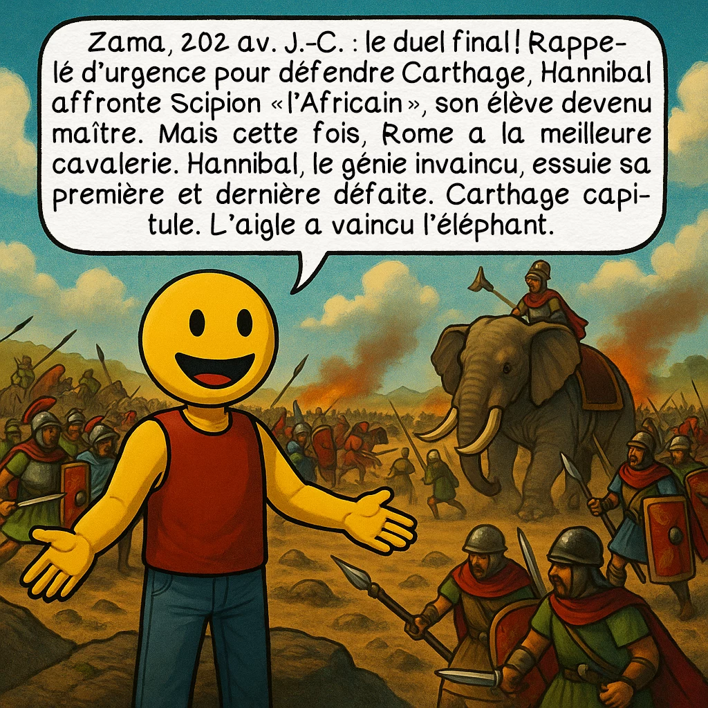 Hannibal, case 9 : Zama, 202 av. J.-C. : le duel final ! Rappelé d’urgence pour défendre Carthage, Hannibal affronte Scipion « l’Africain », son élève devenu maître. Mais cette fois, Rome a la meilleure cavalerie. Hannibal, le génie invaincu, essuie sa première et dernière défaite. Carthage capitule. L’aigle a vaincu l’éléphant.
