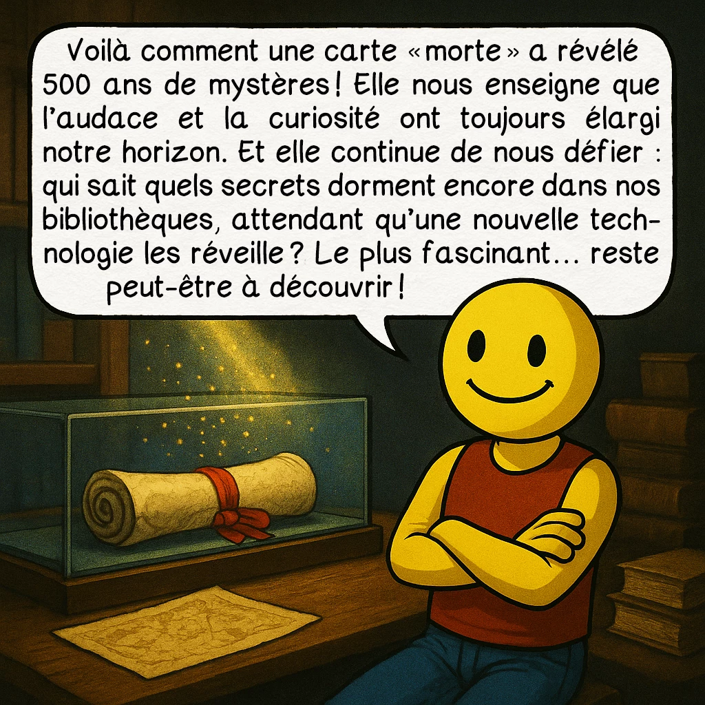 La carte de Henricus Martellus, case 10 : Voilà comment une carte 'morte' a révélé 500 ans de mystères ! Elle nous enseigne que l'audace et la curiosité ont toujours élargi notre horizon. Et elle continue de nous défier : qui sait quels secrets dorment encore dans nos bibliothèques, attendant qu'une nouvelle technologie les réveille ? Le plus fascinant... reste peut-être à découvrir !