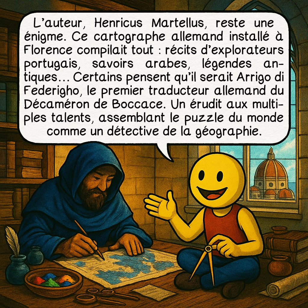 La carte de Henricus Martellus, case 2 : L’auteur, Henricus Martellus, reste une énigme. Ce cartographe allemand installé à Florence compilait tout : récits d'explorateurs portugais, savoirs arabes, légendes antiques... Certains pensent qu’il serait Arrigo di Federigho, le premier traducteur allemand du Décaméron de Boccace. Un érudit aux multiples talents, assemblant le puzzle du monde comme un détective de la géographie.