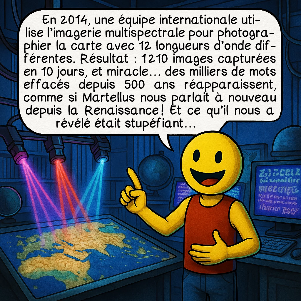 La carte de Henricus Martellus, case 3 : En 2014, une équipe internationale utilise l'imagerie multispectrale pour photographier la carte avec 12 longueurs d'onde différentes. Résultat : 1 210 images capturées en 10 jours, et miracle... des milliers de mots effacés depuis 500 ans réapparaissent, comme si Martellus nous parlait à nouveau depuis la Renaissance ! Et ce qu'il nous a révélé était stupéfiant…