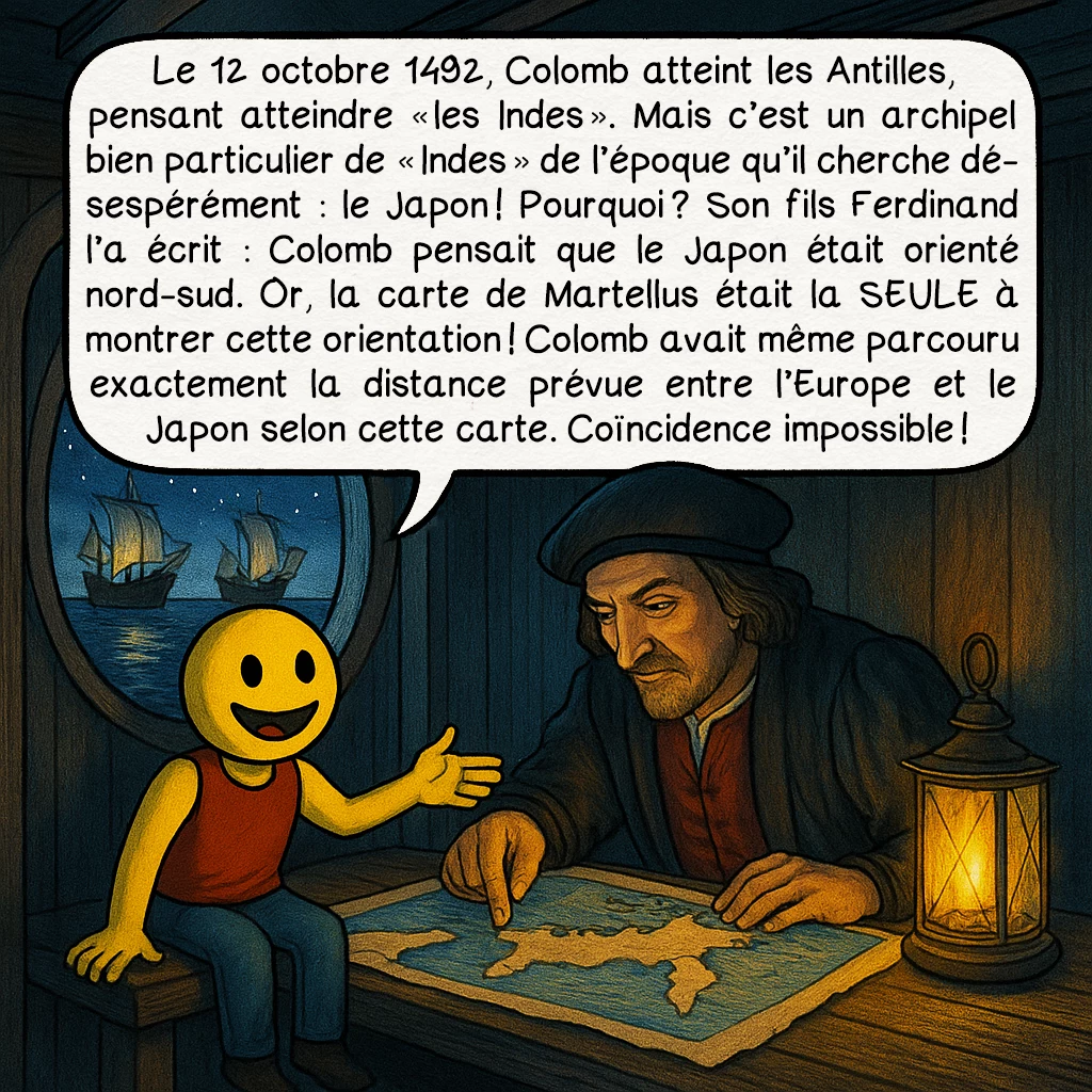 La carte de Henricus Martellus, case 5 : Le 12 octobre 1492, Colomb atteint les Antilles, pensant atteindre « les Indes ». Mais c’est un archipel bien particulier de « Indes » de l’époque qu’il cherche désespérément : le Japon ! Pourquoi ? Son fils Ferdinand l'a écrit : Colomb pensait que le Japon était orienté nord-sud. Or, la carte de Martellus était la SEULE à montrer cette orientation ! Colomb avait même parcouru exactement la distance prévue entre l'Europe et le Japon selon cette carte. Coïncidence impossible !