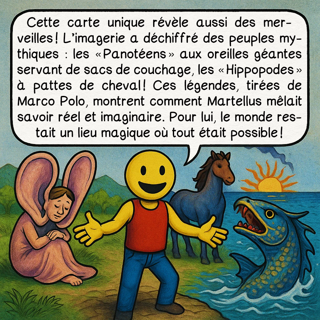 La carte de Henricus Martellus, case 6 : Cette carte unique révèle aussi des merveilles ! L'imagerie a déchiffré des peuples mythiques : les « Panotéens » aux oreilles géantes servant de sacs de couchage, les « Hippopodes » à pattes de cheval ! Ces légendes, tirées de Marco Polo, montrent comment Martellus mêlait savoir réel et imaginaire. Pour lui, le monde restait un lieu magique où tout était possible !