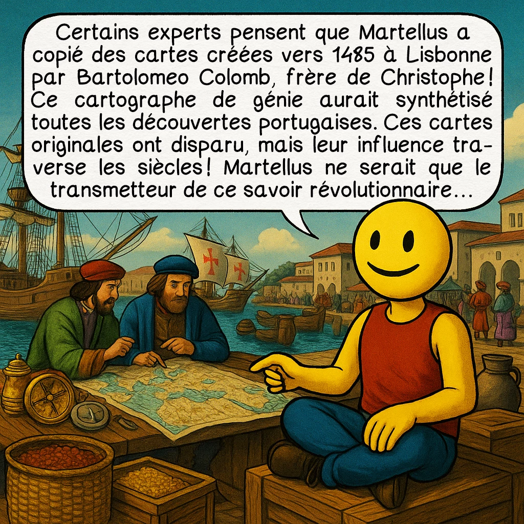 La carte de Henricus Martellus, case 8 : Certains experts pensent que Martellus a copié des cartes créées vers 1485 à Lisbonne par Bartolomeo Colomb, frère de Christophe ! Ce cartographe de génie aurait synthétisé toutes les découvertes portugaises. Ces cartes originales ont disparu, mais leur influence traverse les siècles ! Martellus ne serait que le transmetteur de ce savoir révolutionnaire...