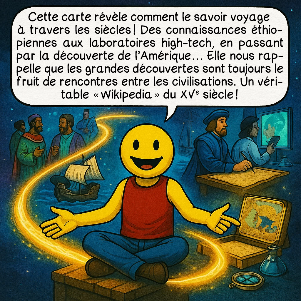 La carte de Henricus Martellus, case 9 : Cette carte révèle comment le savoir voyage à travers les siècles ! Des connaissances éthiopiennes aux laboratoires high-tech, en passant par la découverte de l'Amérique... Elle nous rappelle que les grandes découvertes sont toujours le fruit de rencontres entre les civilisations. Un véritable 'Wikipedia' du XVe siècle !