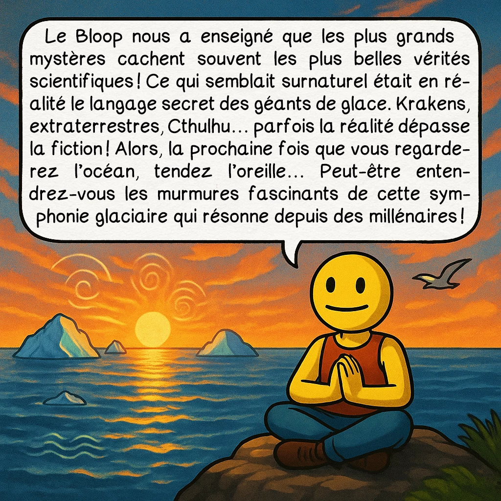 Le Bloop, case 10 : Le Bloop nous a enseigné que les plus grands mystères cachent souvent les plus belles vérités scientifiques ! Ce qui semblait surnaturel était en réalité le langage secret des géants de glace. Krakens, extraterrestres, Cthulhu… parfois la réalité dépasse la fiction ! Alors, la prochaine fois que vous regarderez l’océan, tendez l’oreille… Peut-être entendrez-vous les murmures fascinants de cette symphonie glaciaire qui résonne depuis des millénaires !