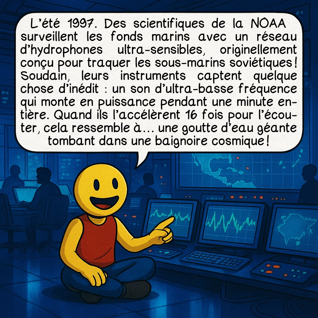 Le Bloop, case 2 : L’été 1997. Des scientifiques de la NOAA surveillent les fonds marins avec un réseau d’hydrophones ultra-sensibles, originellement conçu pour traquer les sous-marins soviétiques ! Soudain, leurs instruments captent quelque chose d’inédit : un son d’ultra-basse fréquence qui monte en puissance pendant une minute entière. Quand ils l’accélèrent 16 fois pour l’écouter, cela ressemble à… une goutte d’eau géante tombant dans une baignoire cosmique !