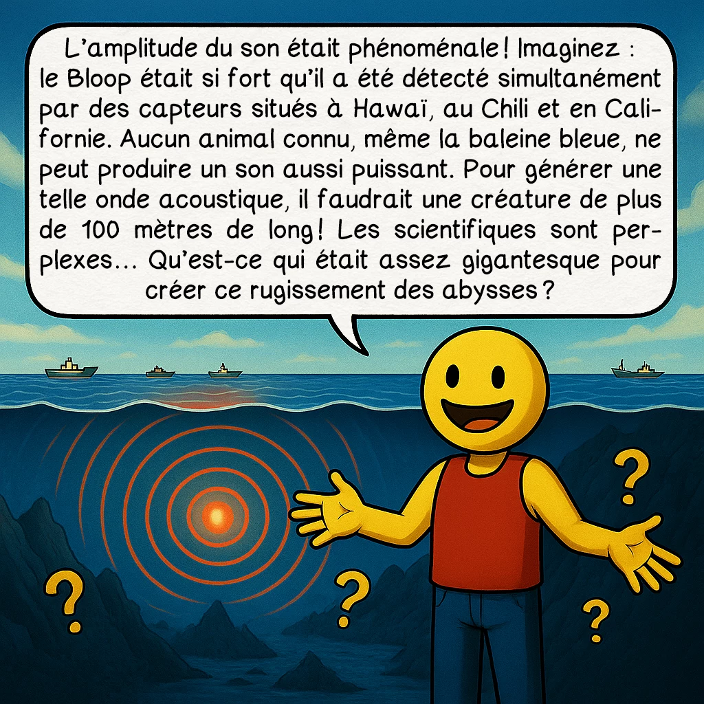 Le Bloop, case 3 : L’amplitude du son était phénoménale ! Imaginez : le Bloop était si fort qu’il a été détecté simultanément par des capteurs situés à Hawaï, au Chili et en Californie. Aucun animal connu, même la baleine bleue, ne peut produire un son aussi puissant. Pour générer une telle onde acoustique, il faudrait une créature de plus de 100 mètres de long ! Les scientifiques sont perplexes… Qu’est-ce qui était assez gigantesque pour créer ce rugissement des abysses ?