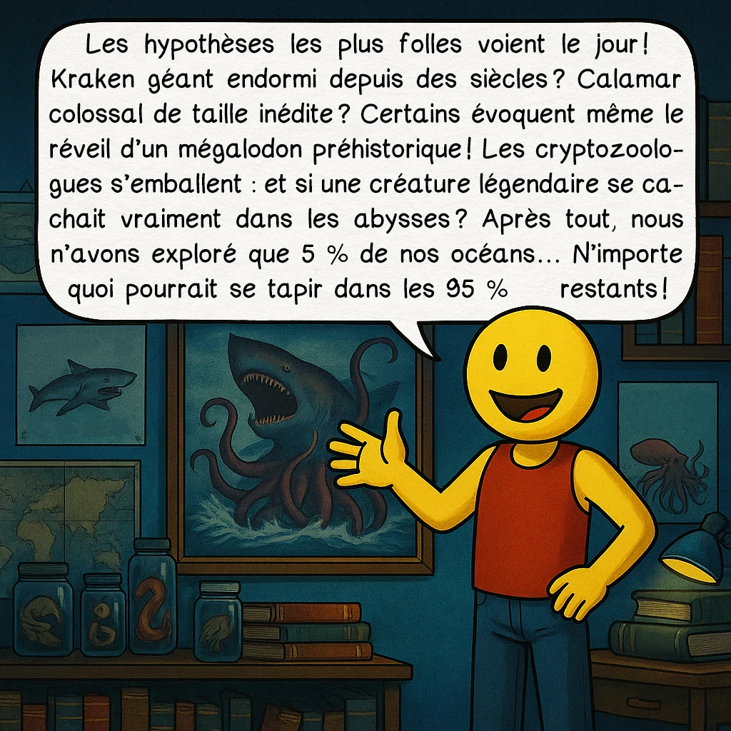 Le Bloop, case 4 : Les hypothèses les plus folles voient le jour ! Kraken géant endormi depuis des siècles ? Calamar colossal de taille inédite ? Certains évoquent même le réveil d’un mégalodon préhistorique ! Les cryptozoologues s’emballent : et si une créature légendaire se cachait vraiment dans les abysses ? Après tout, nous n’avons exploré que 5 % de nos océans… N’importe quoi pourrait se tapir dans les 95 % restants !