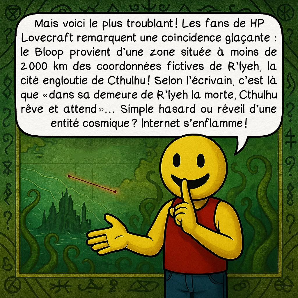 Le Bloop, case 5 : Mais voici le plus troublant ! Les fans de HP Lovecraft remarquent une coïncidence glaçante : le Bloop provient d’une zone située à moins de 2 000 km des coordonnées fictives de R’lyeh, la cité engloutie de Cthulhu ! Selon l’écrivain, c’est là que « dans sa demeure de R’lyeh la morte, Cthulhu rêve et attend »… Simple hasard ou réveil d’une entité cosmique ? Internet s’enflamme !