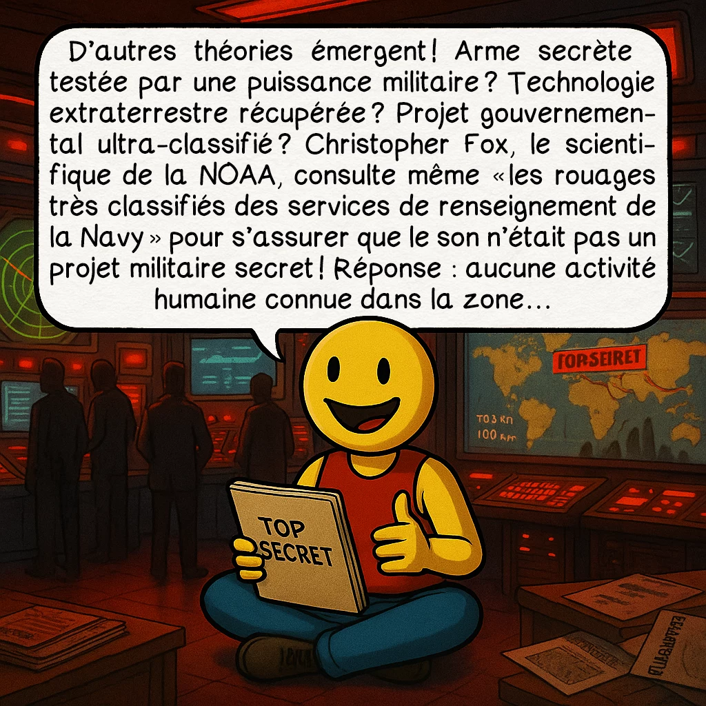 Le Bloop, case 6 : D’autres théories émergent ! Arme secrète testée par une puissance militaire ? Technologie extraterrestre récupérée ? Projet gouvernemental ultra-classifié ? Christopher Fox, le scientifique de la NOAA, consulte même « les rouages très classifiés des services de renseignement de la Navy » pour s’assurer que le son n’était pas un projet militaire secret ! Réponse : aucune activité humaine connue dans la zone…