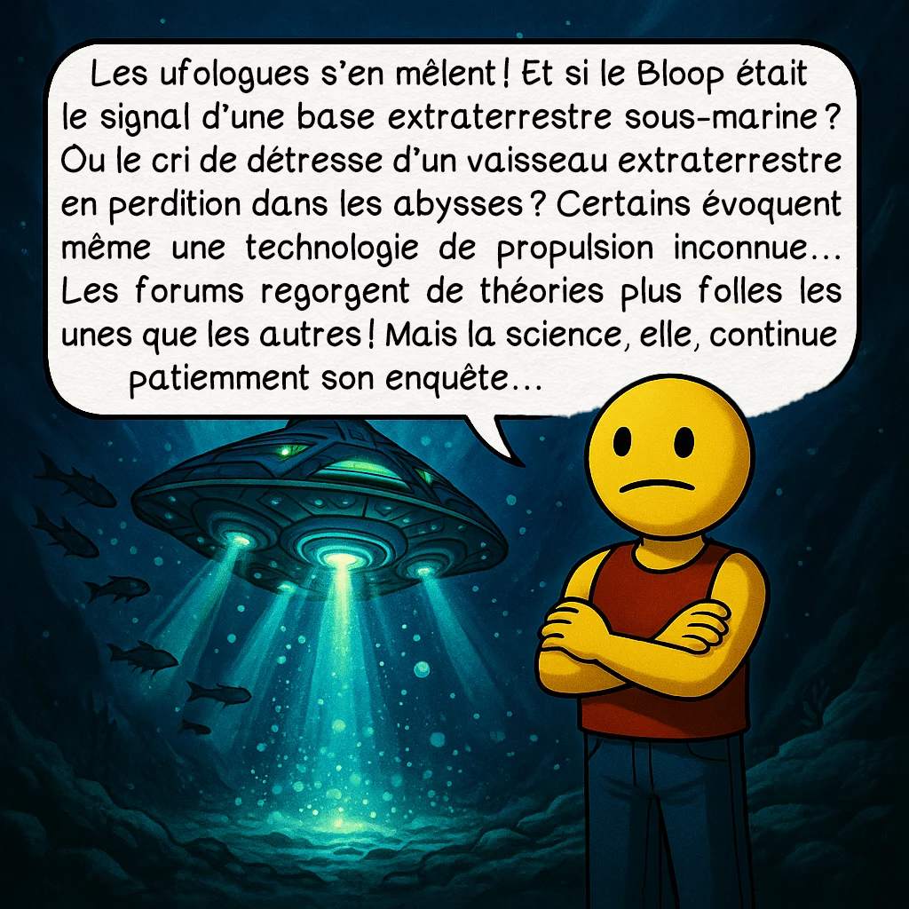 Le Bloop, case 7 : Les ufologues s’en mêlent ! Et si le Bloop était le signal d’une base extraterrestre sous-marine ? Ou le cri de détresse d’un vaisseau extraterrestre en perdition dans les abysses ? Certains évoquent même une technologie de propulsion inconnue… Les forums regorgent de théories plus folles les unes que les autres ! Mais la science, elle, continue patiemment son enquête…