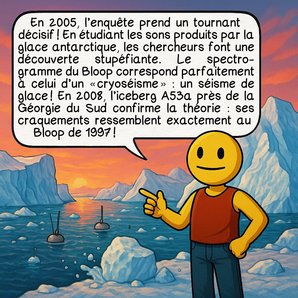 Le Bloop, case 8 : En 2005, l’enquête prend un tournant décisif ! En étudiant les sons produits par la glace antarctique, les chercheurs font une découverte stupéfiante. Le spectrogramme du Bloop correspond parfaitement à celui d’un « cryoséisme » — un séisme de glace ! En 2008, l’iceberg A53a près de la Géorgie du Sud confirme la théorie : ses craquements ressemblent exactement au Bloop de 1997 !