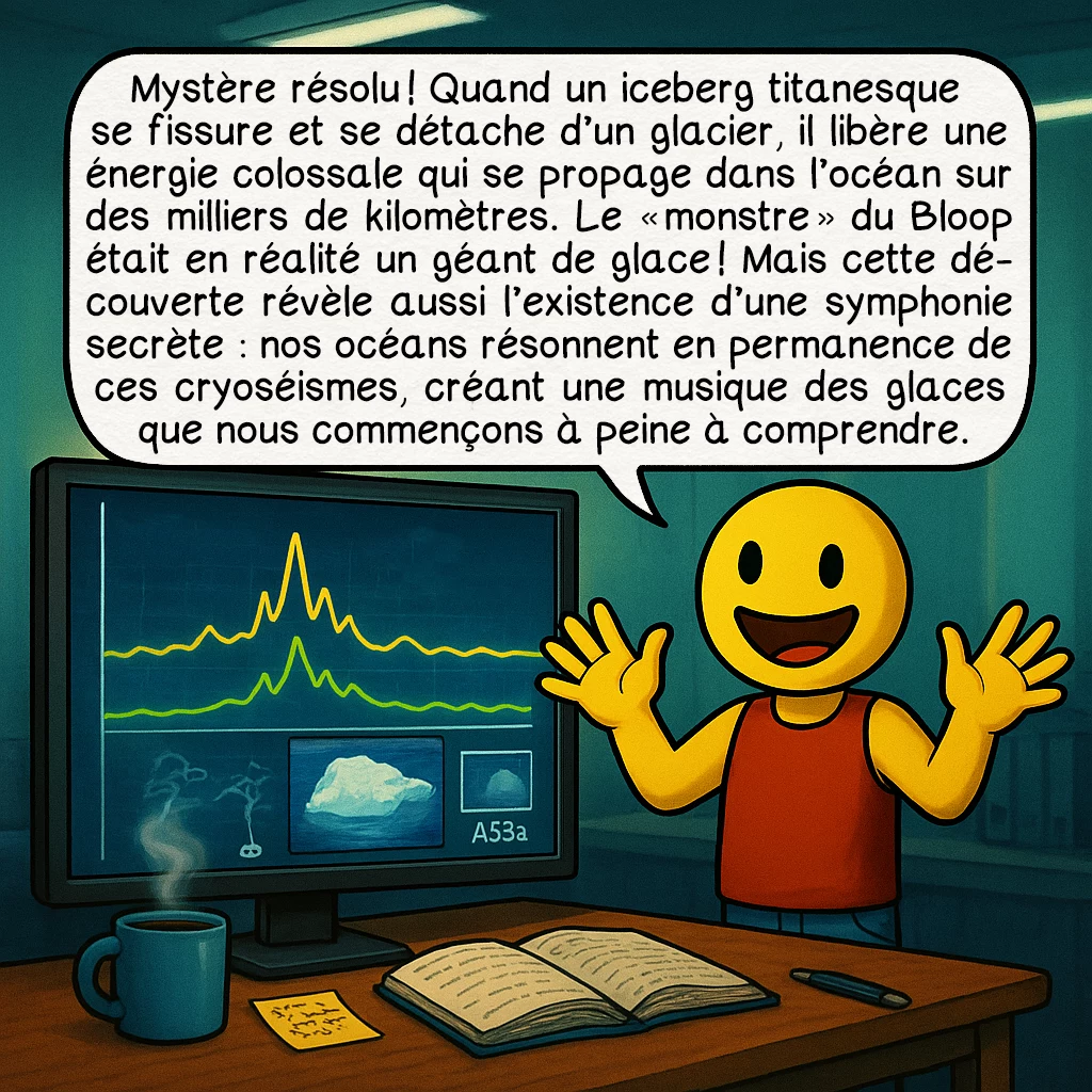 Le Bloop, case 9 : Mystère résolu ! Quand un iceberg titanesque se fissure et se détache d’un glacier, il libère une énergie colossale qui se propage dans l’océan sur des milliers de kilomètres. Le « monstre » du Bloop était en réalité un géant de glace ! Mais cette découverte révèle aussi l’existence d’une symphonie secrète : nos océans résonnent en permanence de ces cryoséismes, créant une musique des glaces que nous commençons à peine à comprendre.